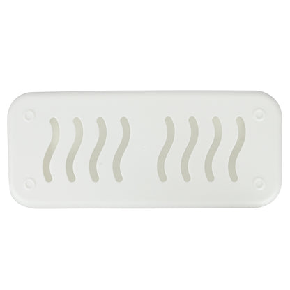 Unterseite der weißen Kabelbox mit wellenförmigen Lüftungsschlitzen und vier runden Standpunkten.