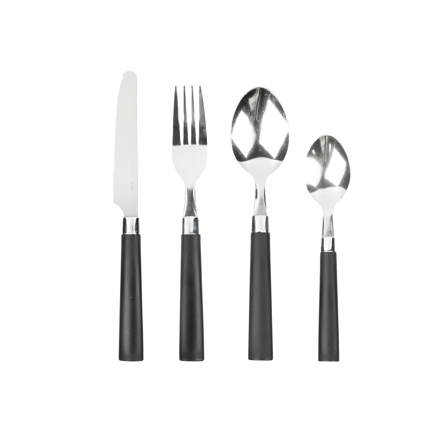 Vier Besteckteile bestehend aus Messer, Gabel, Esslöffel und Teelöffel mit schwarzen Griffen, nebeneinander dargestellt.