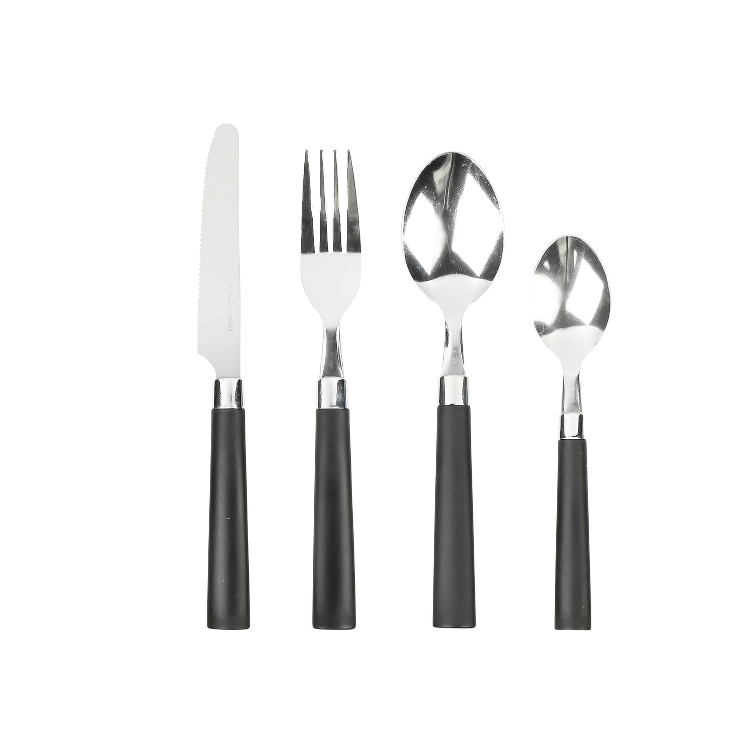 Vier Besteckteile bestehend aus Messer, Gabel, Esslöffel und Teelöffel mit schwarzen Griffen, nebeneinander dargestellt.