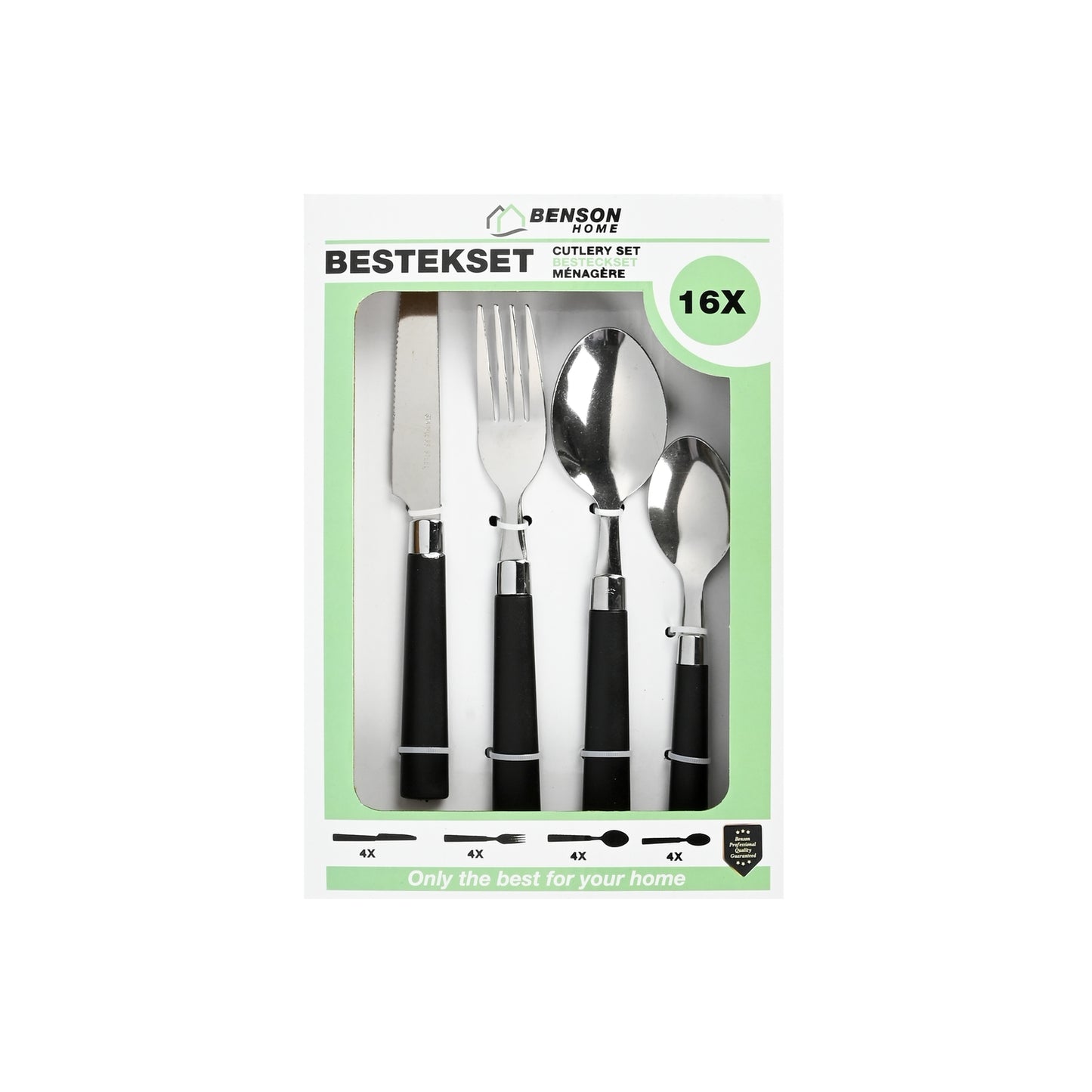 Verpackung eines 16-teiligen Bestecksets mit Sichtfenster, zeigt Messer, Gabel, Esslöffel und Teelöffel mit schwarzen Griffen.