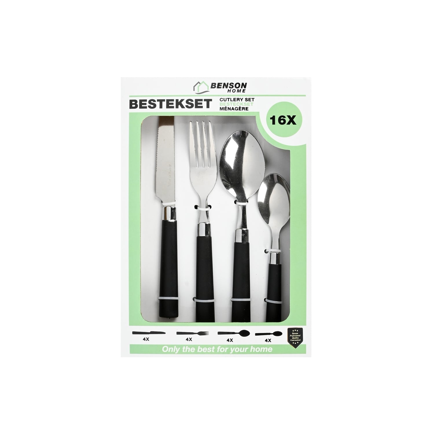 Verpackung eines 16-teiligen Bestecksets mit Sichtfenster, zeigt Messer, Gabel, Esslöffel und Teelöffel mit schwarzen Griffen.