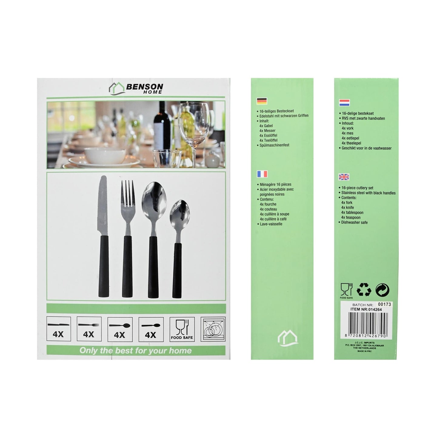 Rückseite und Seitenansicht der Verpackung des 16-teiligen Bestecksets mit Produktinformationen in mehreren Sprachen und Abbildung des Bestecks.