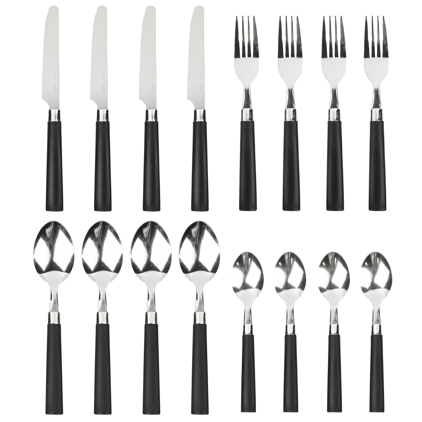 : 16-teiliges Besteckset mit schwarzen Griffen, bestehend aus Messern, Gabeln, Esslöffeln und Teelöffeln, symmetrisch angeordnet.