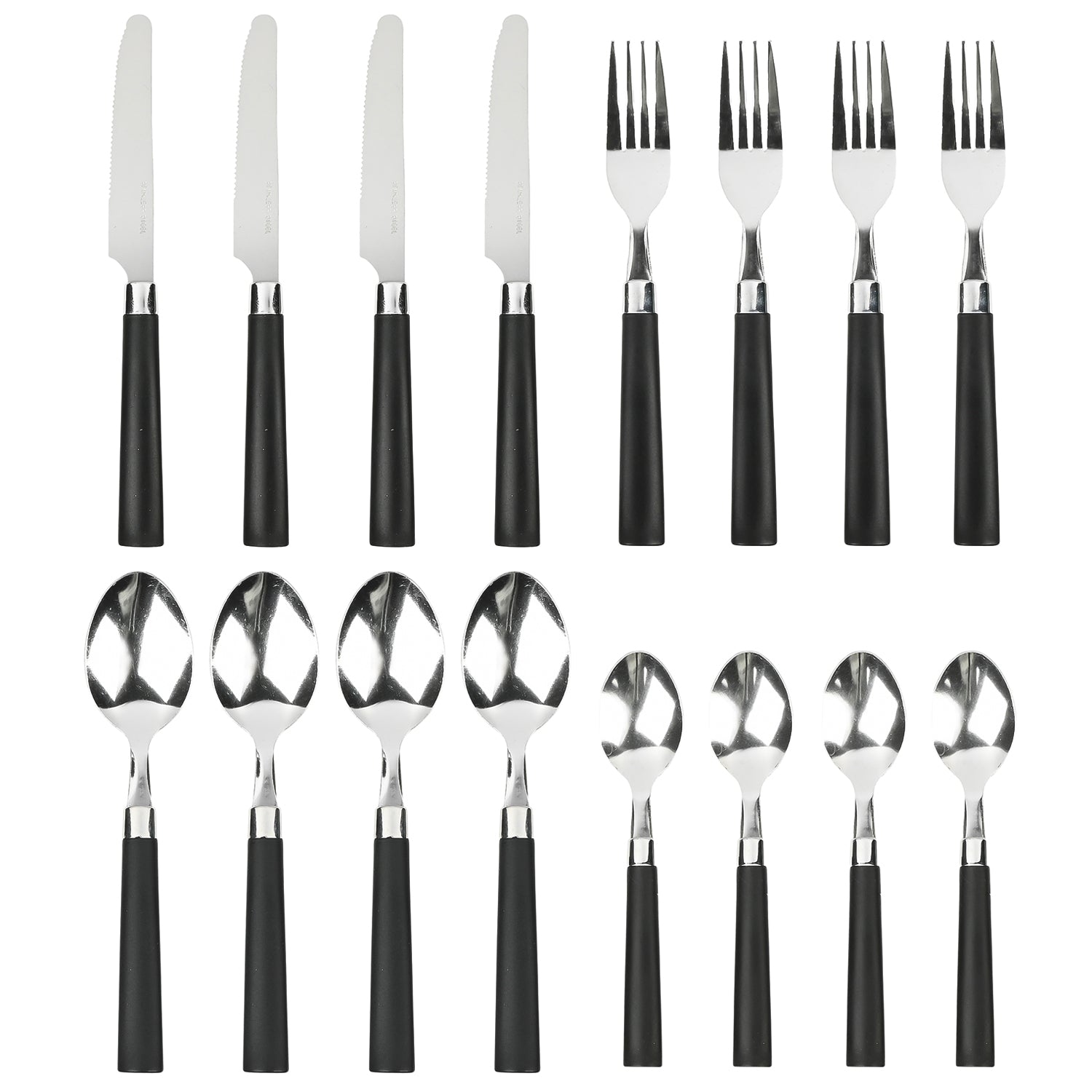 : 16-teiliges Besteckset mit schwarzen Griffen, bestehend aus Messern, Gabeln, Esslöffeln und Teelöffeln, symmetrisch angeordnet.