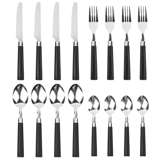 : 16-teiliges Besteckset mit schwarzen Griffen, bestehend aus Messern, Gabeln, Esslöffeln und Teelöffeln, symmetrisch angeordnet.