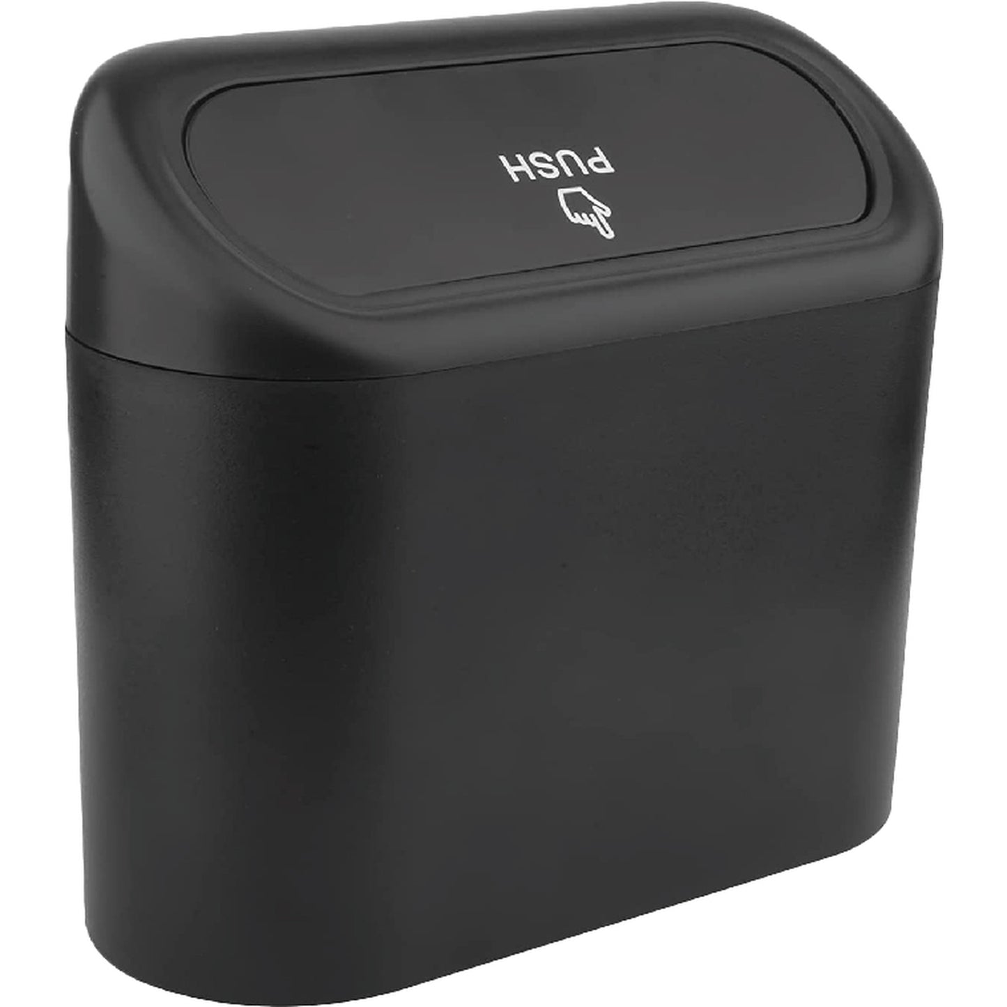 Schwarzer Auto-Mülleimer mit Druckdeckel, auf dem das Wort „PUSH“ und ein Fingersymbol aufgedruckt sind.