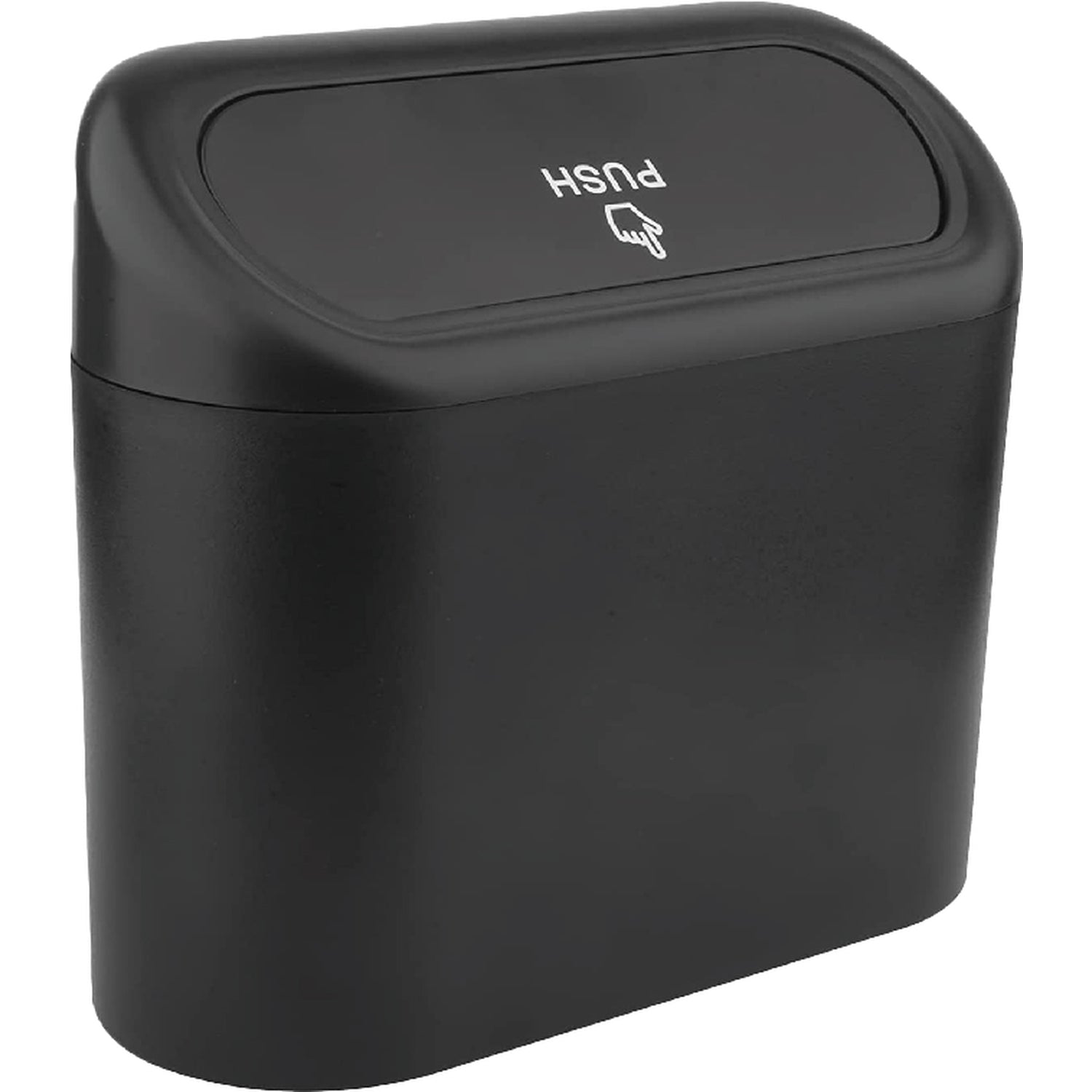 Schwarzer Auto-Mülleimer mit Druckdeckel, auf dem das Wort „PUSH“ und ein Fingersymbol aufgedruckt sind.