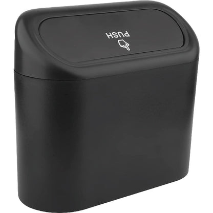 Schwarzer Auto-Mülleimer mit Druckdeckel, auf dem das Wort „PUSH“ und ein Fingersymbol aufgedruckt sind.