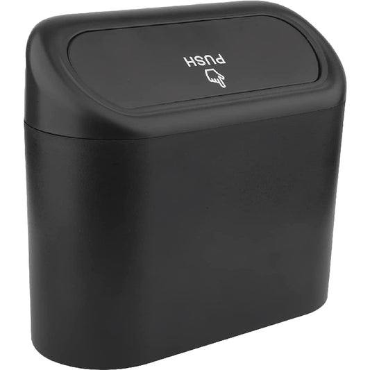 Schwarzer Auto-Mülleimer mit Druckdeckel, auf dem das Wort „PUSH“ und ein Fingersymbol aufgedruckt sind.