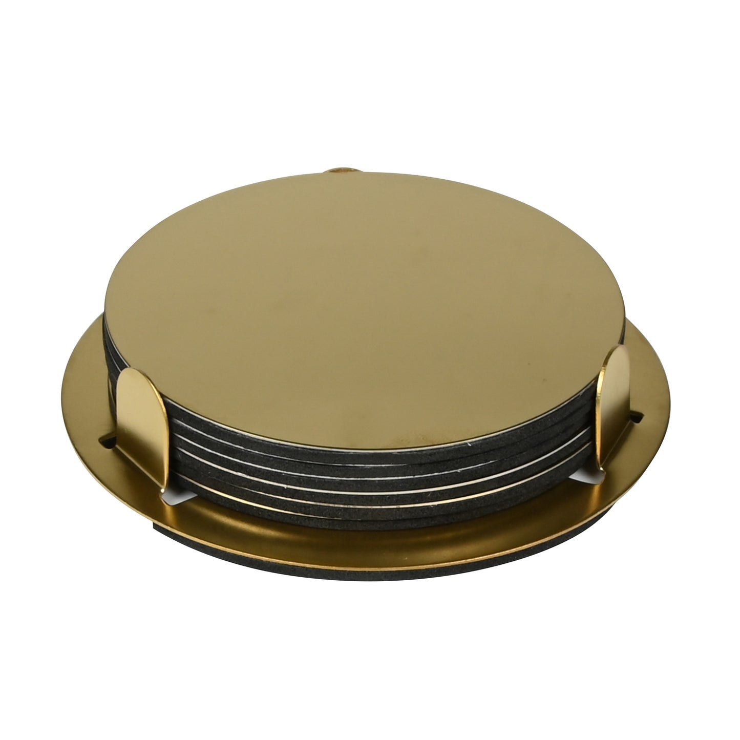 Sechsteiliges Set runder goldfarbener Untersetzer in passender Halterung, auf weißem Hintergrund fotografiert.