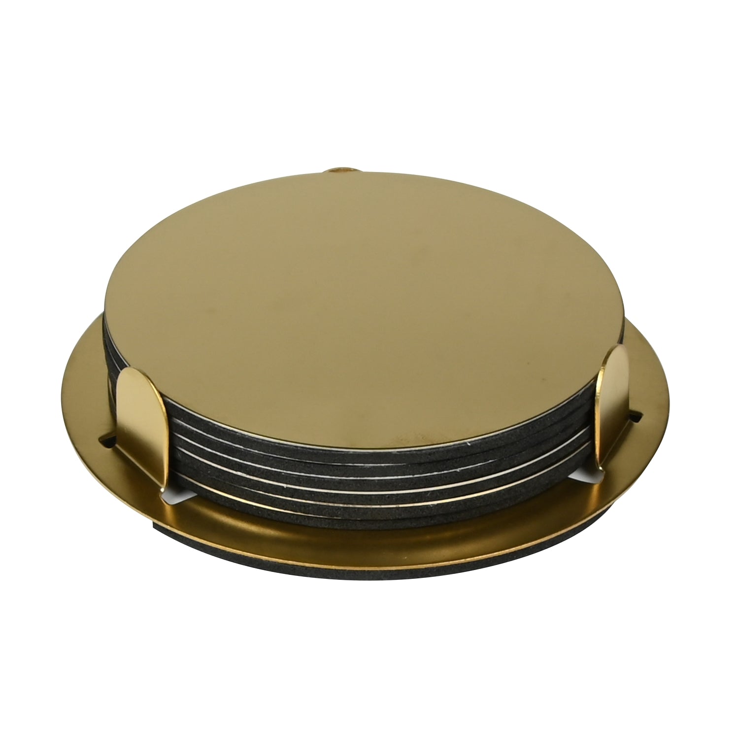 Sechsteiliges Set runder goldfarbener Untersetzer in passender Halterung, auf weißem Hintergrund fotografiert.