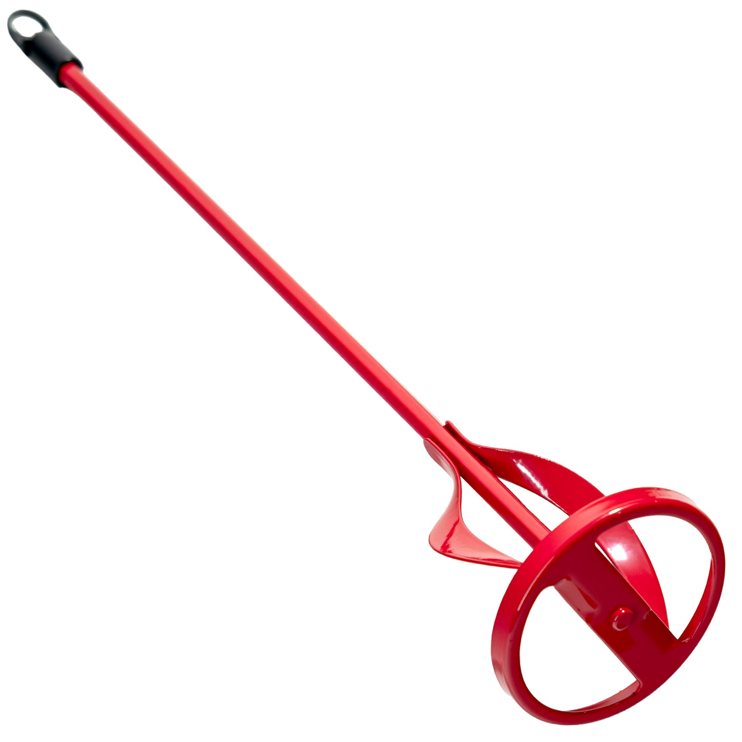 Schräg aufgenommener roter Farb- und Mörtelrührer mit rundem Mischkopf und langer Metallschaufel für Bohrmaschinenaufnahme.