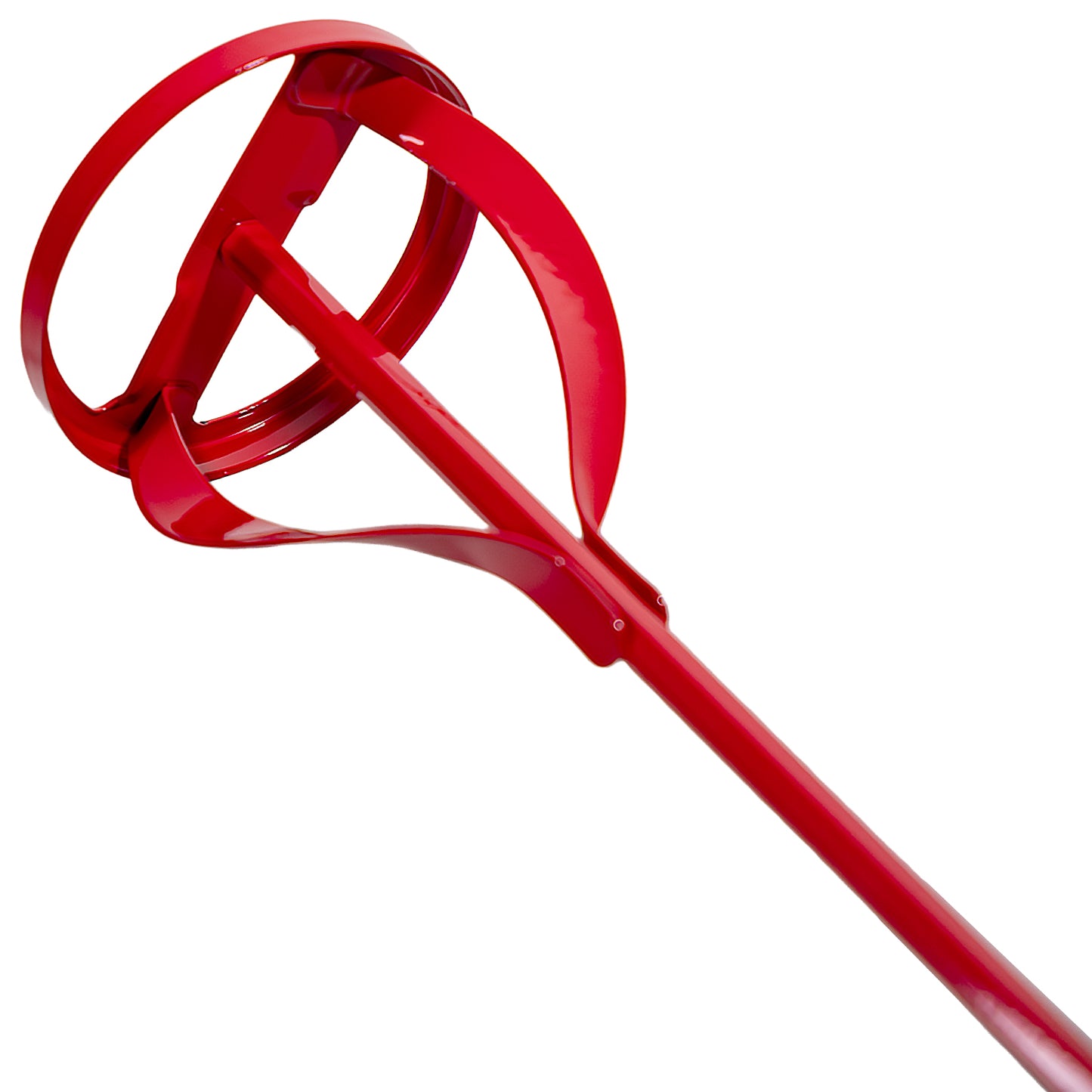 Schräg von unten aufgenommener roter Rührer mit spiralförmig gebogenen Mischflügeln und rundem Rahmen.