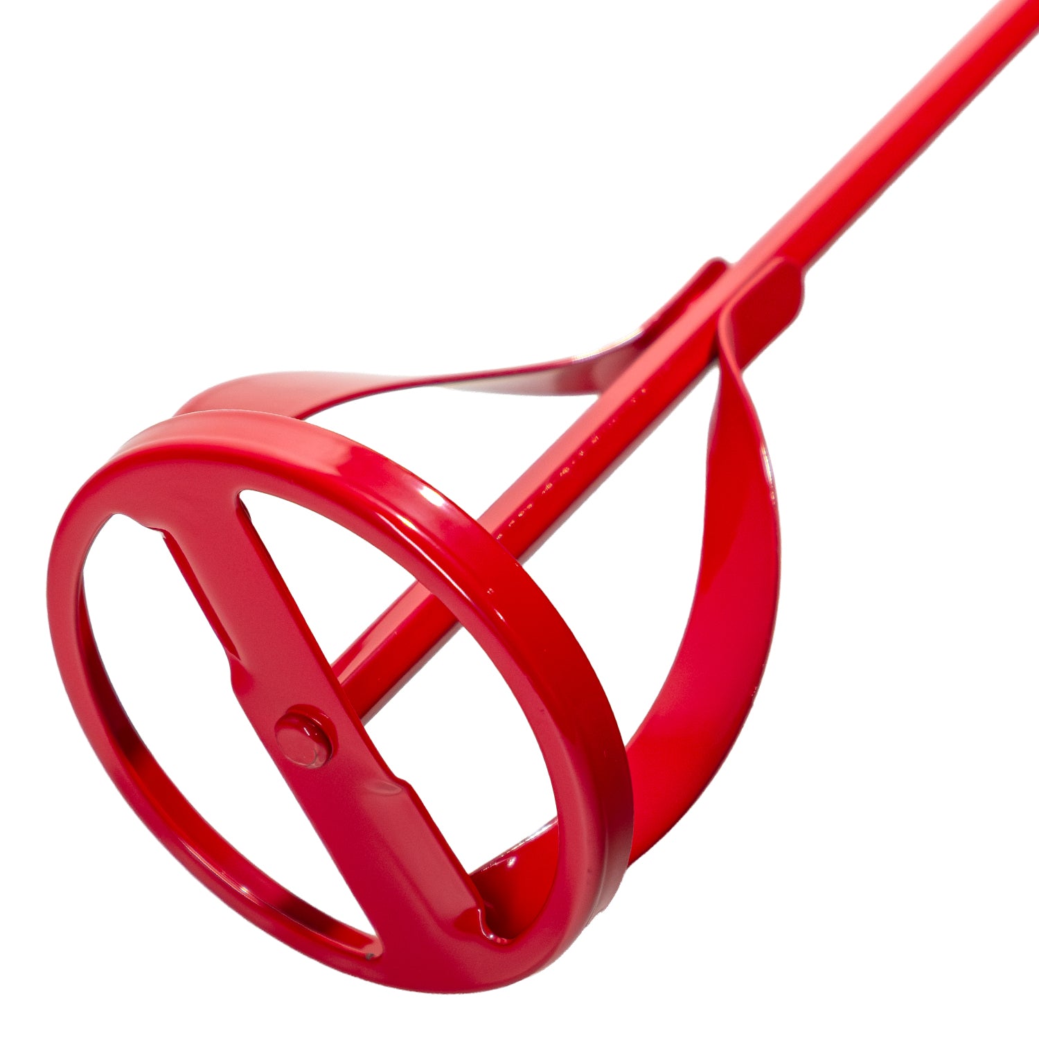 Detaillierte Nahaufnahme des Mischkopfs eines roten Rührers mit zwei geschwungenen Flügeln und kreisförmigem Rand.