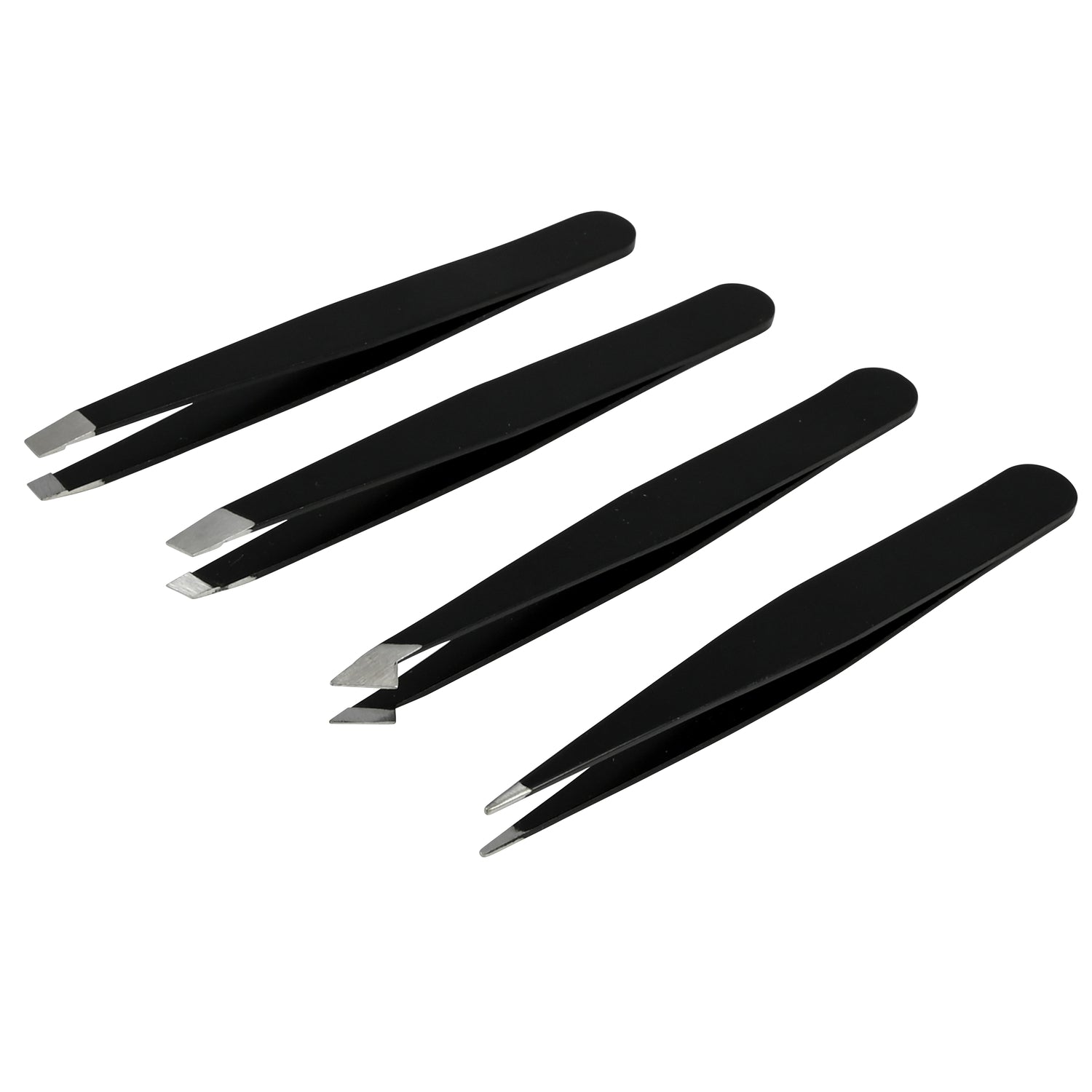 Vier schwarze Pinzetten mit unterschiedlichen Metallspitzen, leicht versetzt und schräg liegend auf weißem Hintergrund dargestellt.