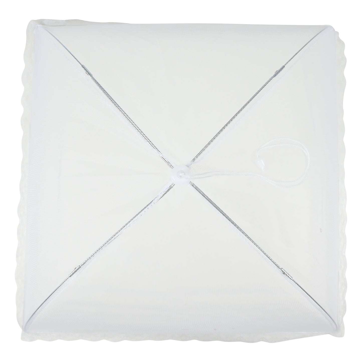 Draufsicht auf die quadratische Netzabdeckung mit kreuzförmig verlaufenden Metallstreben und zentralem Zuggriff.