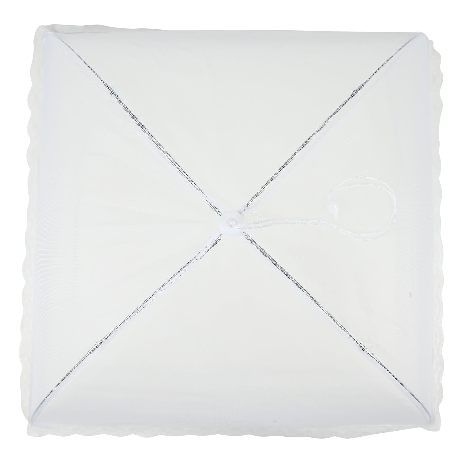 Draufsicht auf die quadratische Netzabdeckung mit kreuzförmig verlaufenden Metallstreben und zentralem Zuggriff.