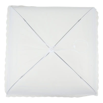 Draufsicht auf die quadratische Netzabdeckung mit kreuzförmig verlaufenden Metallstreben und zentralem Zuggriff.