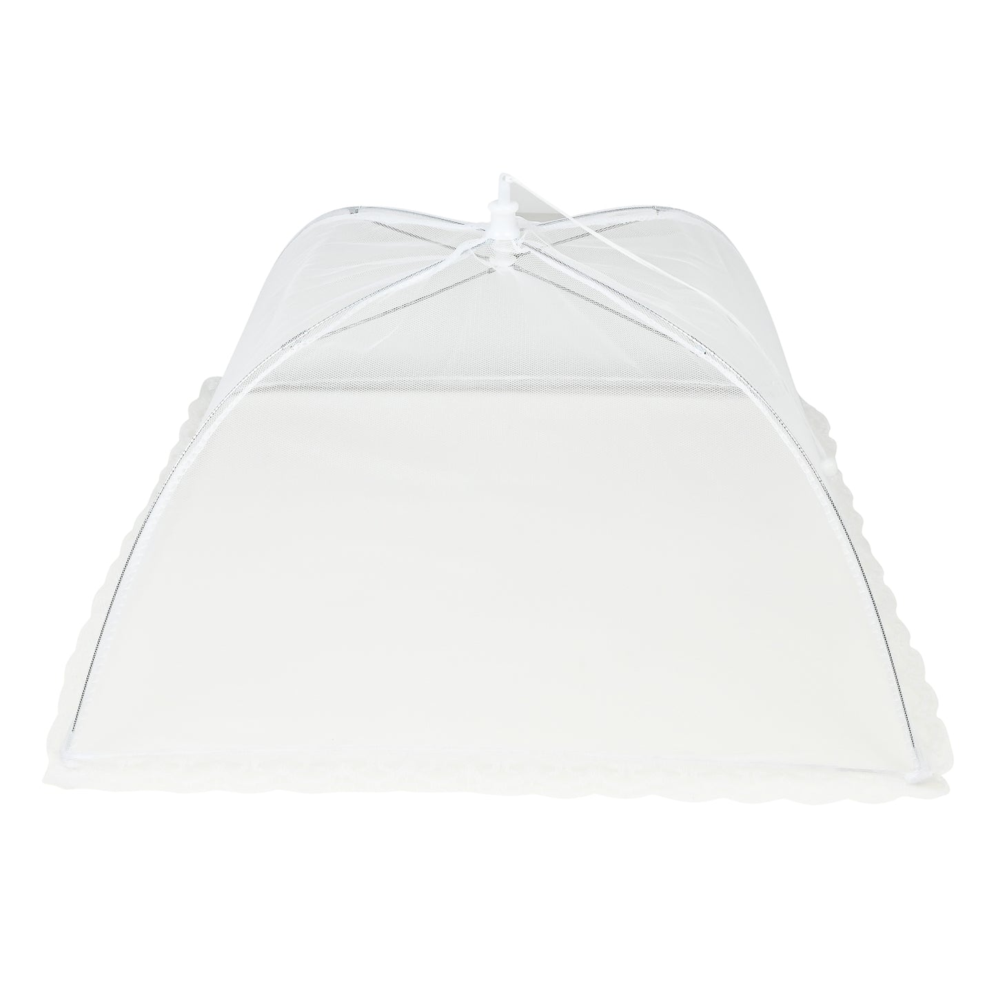 Seitenansicht der geöffneten weißen Netzabdeckung mit gewölbter Form und sichtbarem Klappmechanismus an der Spitze.