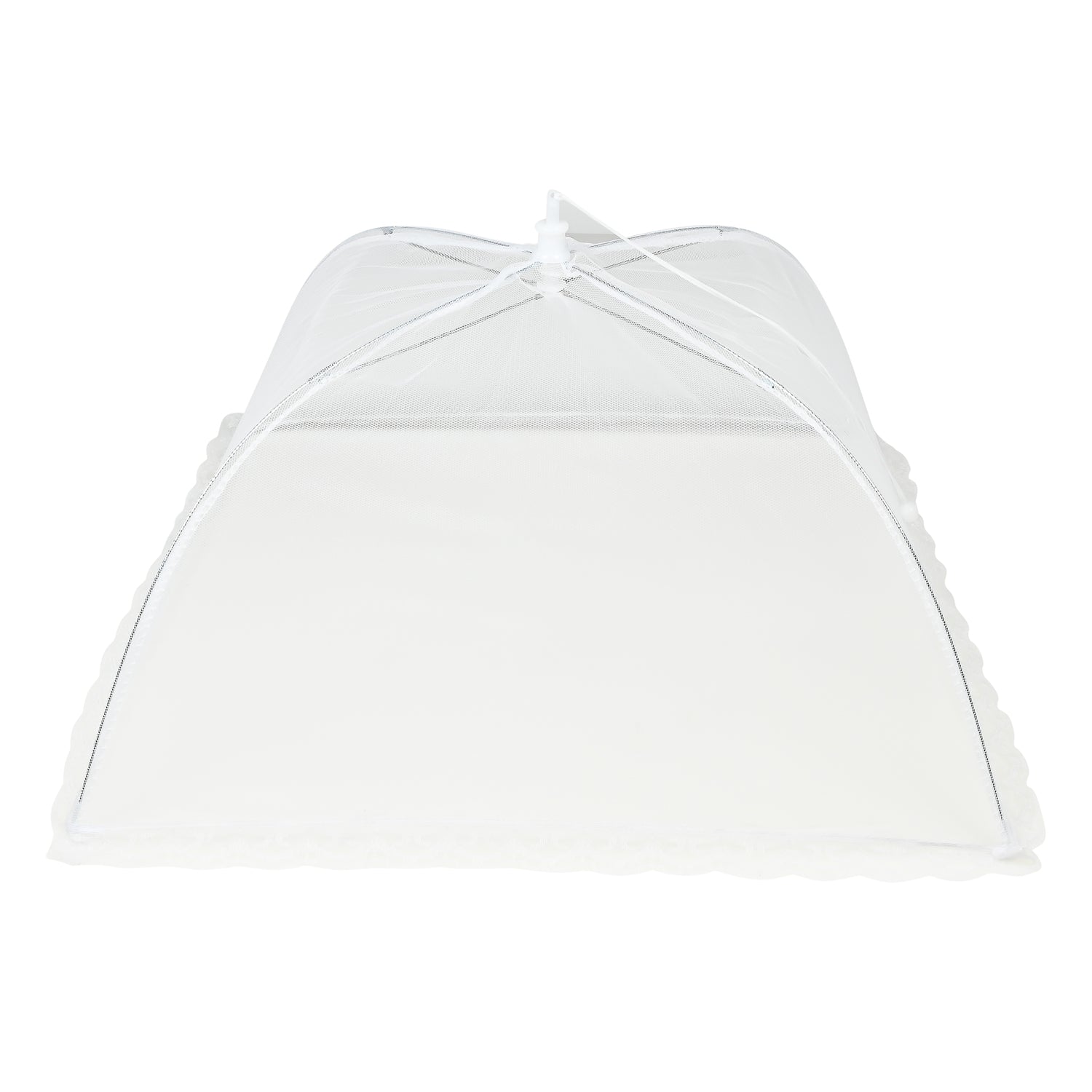 Seitenansicht der geöffneten weißen Netzabdeckung mit gewölbter Form und sichtbarem Klappmechanismus an der Spitze.