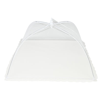 Seitenansicht der geöffneten weißen Netzabdeckung mit gewölbter Form und sichtbarem Klappmechanismus an der Spitze.