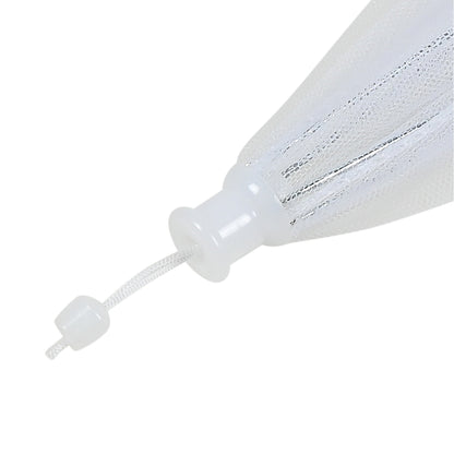 Nahaufnahme der weißen Zugkordel mit Kunststoffgriff und Stopper an der Oberseite der Abdeckung.