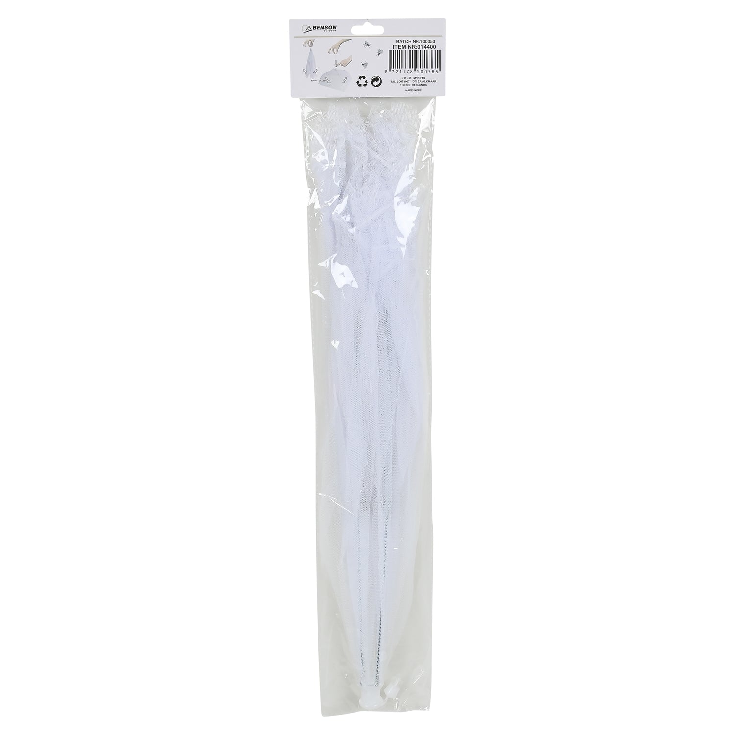 Rückseite der transparenten Verpackung mit gefalteter Netzabdeckung und Piktogrammen zur Handhabung.