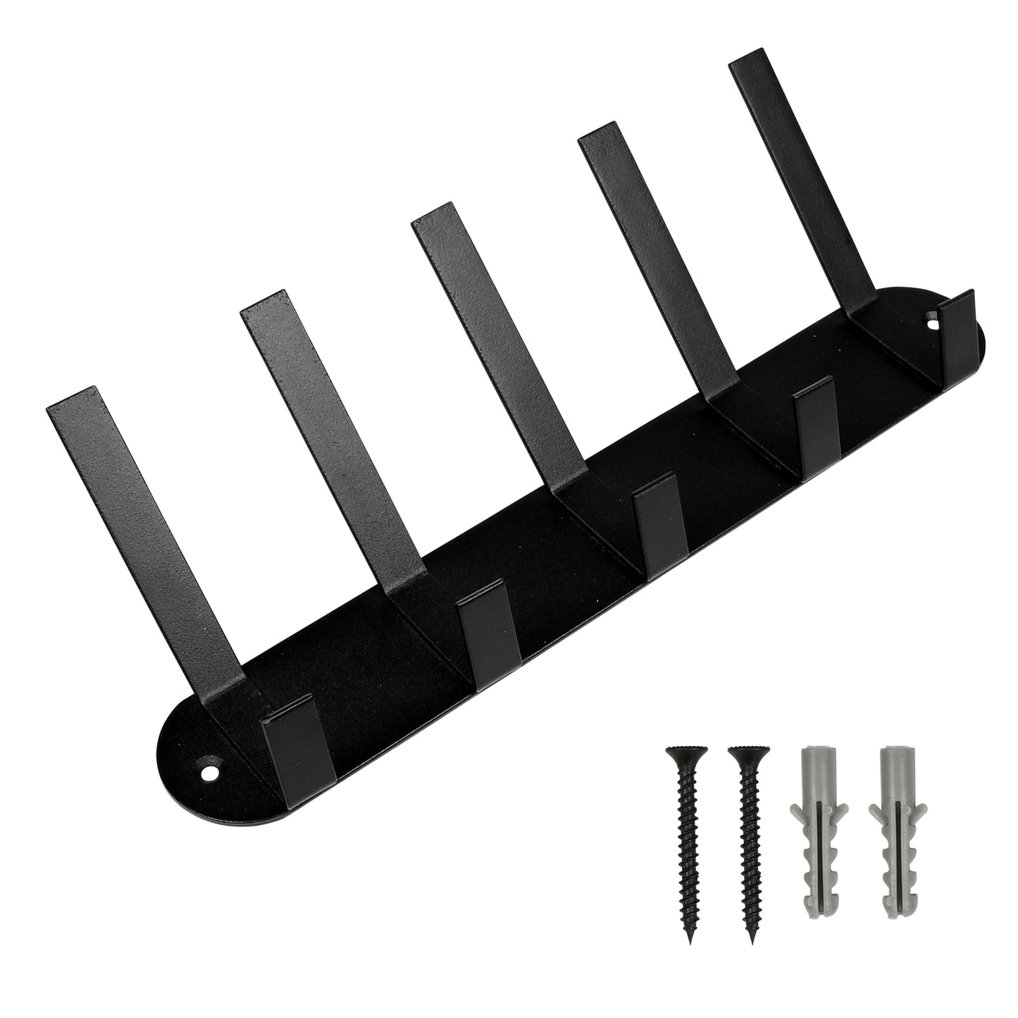 Schwarze Wandgarderobe aus Metall mit fünf Haken und beiliegenden Schrauben und Dübeln, auf weißem Hintergrund dargestellt.