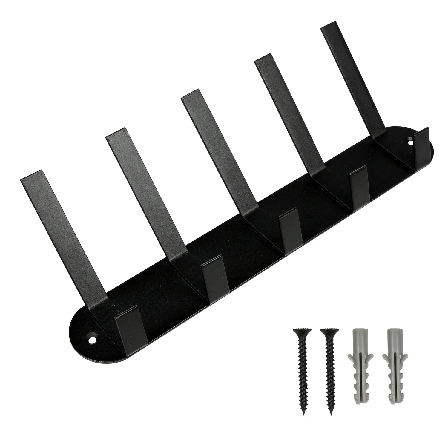 Schwarze Wandgarderobe aus Metall mit fünf Haken und beiliegenden Schrauben und Dübeln, auf weißem Hintergrund dargestellt.