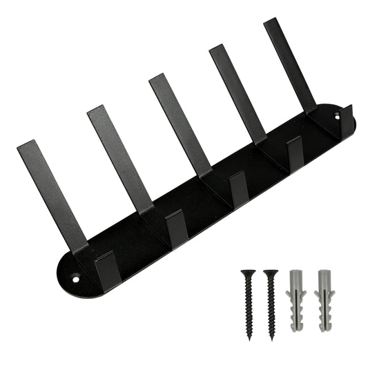 Schwarze Wandgarderobe aus Metall mit fünf Haken und beiliegenden Schrauben und Dübeln, auf weißem Hintergrund dargestellt.