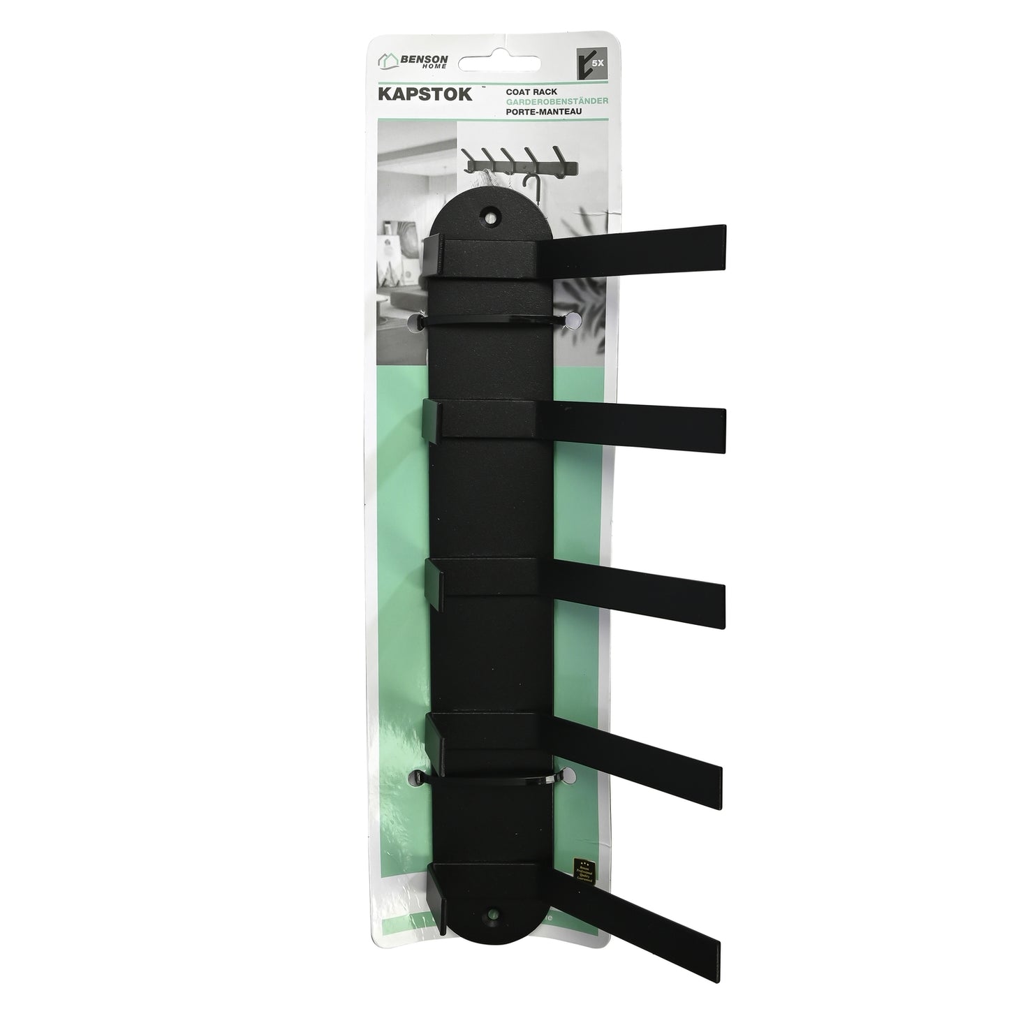 Schwarze Wandgarderobe mit fünf Haken in Verkaufsverpackung, auf grün-weißer Karte mit Produktname und Abbildung im Hintergrund befestigt.