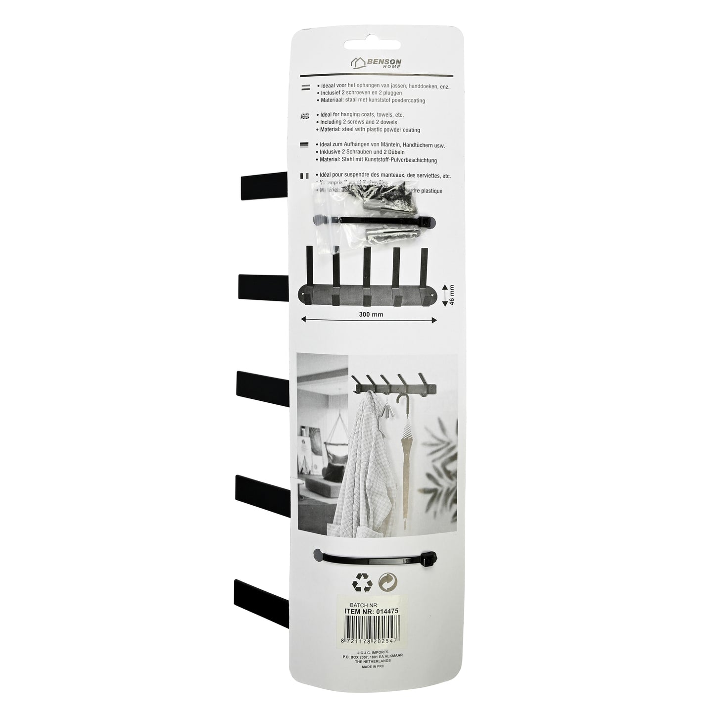 Rückseite der Verpackung der schwarzen Wandgarderobe mit Produktbeschreibung in mehreren Sprachen, beiliegenden Schrauben und Dübeln sowie Anwendungsbeispiel mit aufgehängten Kleidungsstücken.
