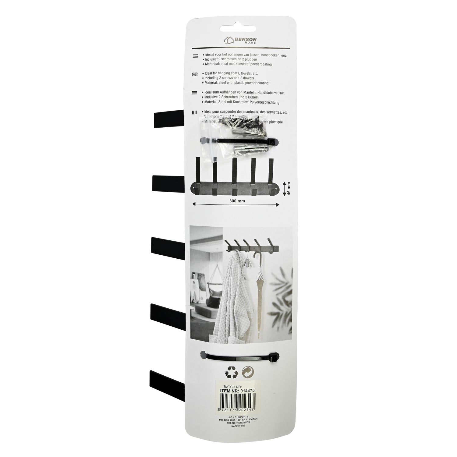 Rückseite der Verpackung der schwarzen Wandgarderobe mit Produktbeschreibung in mehreren Sprachen, beiliegenden Schrauben und Dübeln sowie Anwendungsbeispiel mit aufgehängten Kleidungsstücken.