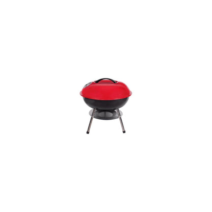 Kleiner Kugelgrill mit rotem Deckel, schwarzem Korpus und drei Metallbeinen, auf weißem Hintergrund.