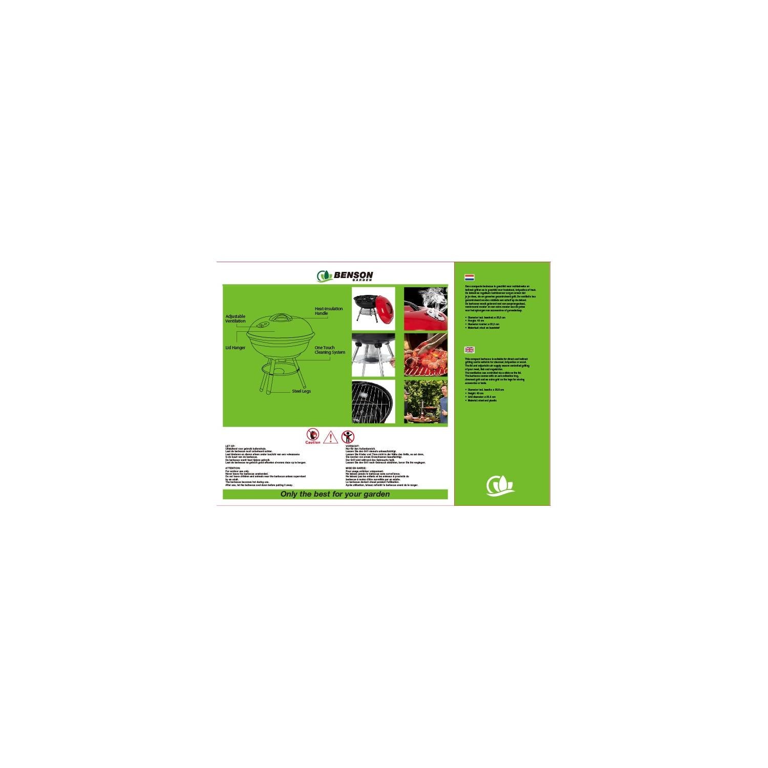 Produktverpackung mit Abbildungen des Kugelgrills, einmal mit Deckel und einmal geöffnet mit Grillgut. Text in mehreren Sprachen und technische Angaben.