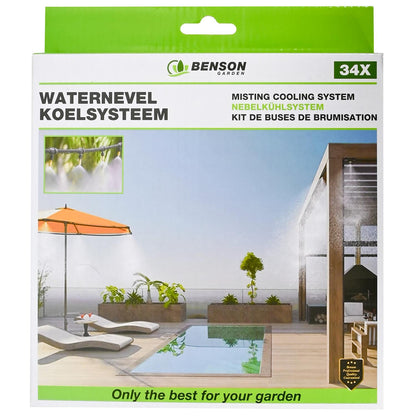 Grün-weiße Verpackung mit dem Markennamen „Benson Garden“ oben und der Produktbezeichnung „Nebelkühlsystem“ in vier Sprachen. Großes Foto einer Veranda mit Pool, Liegefläche, Sonnenschirm und Pavillon mit installiertem Nebelkühlsystem, das feinen Nebel ve