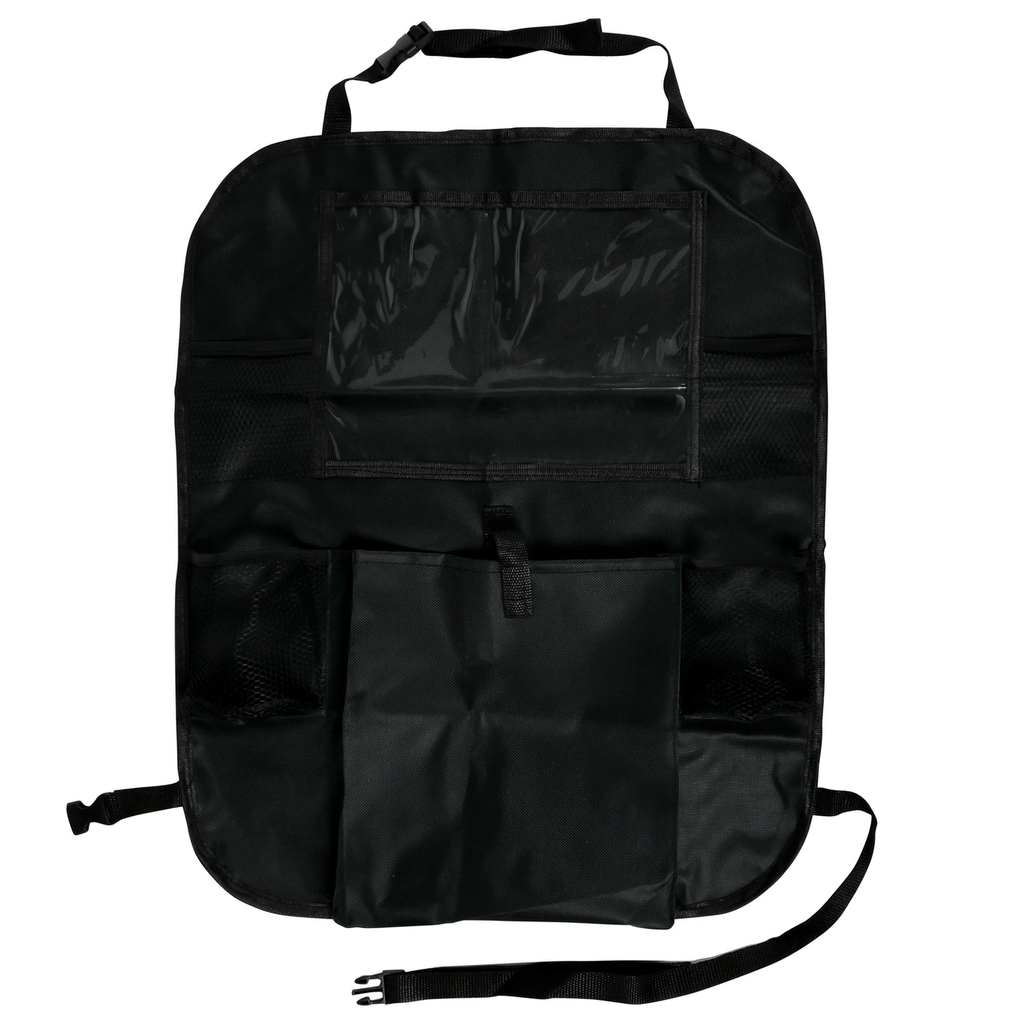 Schwarzer Autositz-Organizer mit mehreren Fächern, darunter ein transparentes Tablet-Fach, Netztaschen und größere Staufächer, auf weißem Hintergrund dargestellt.