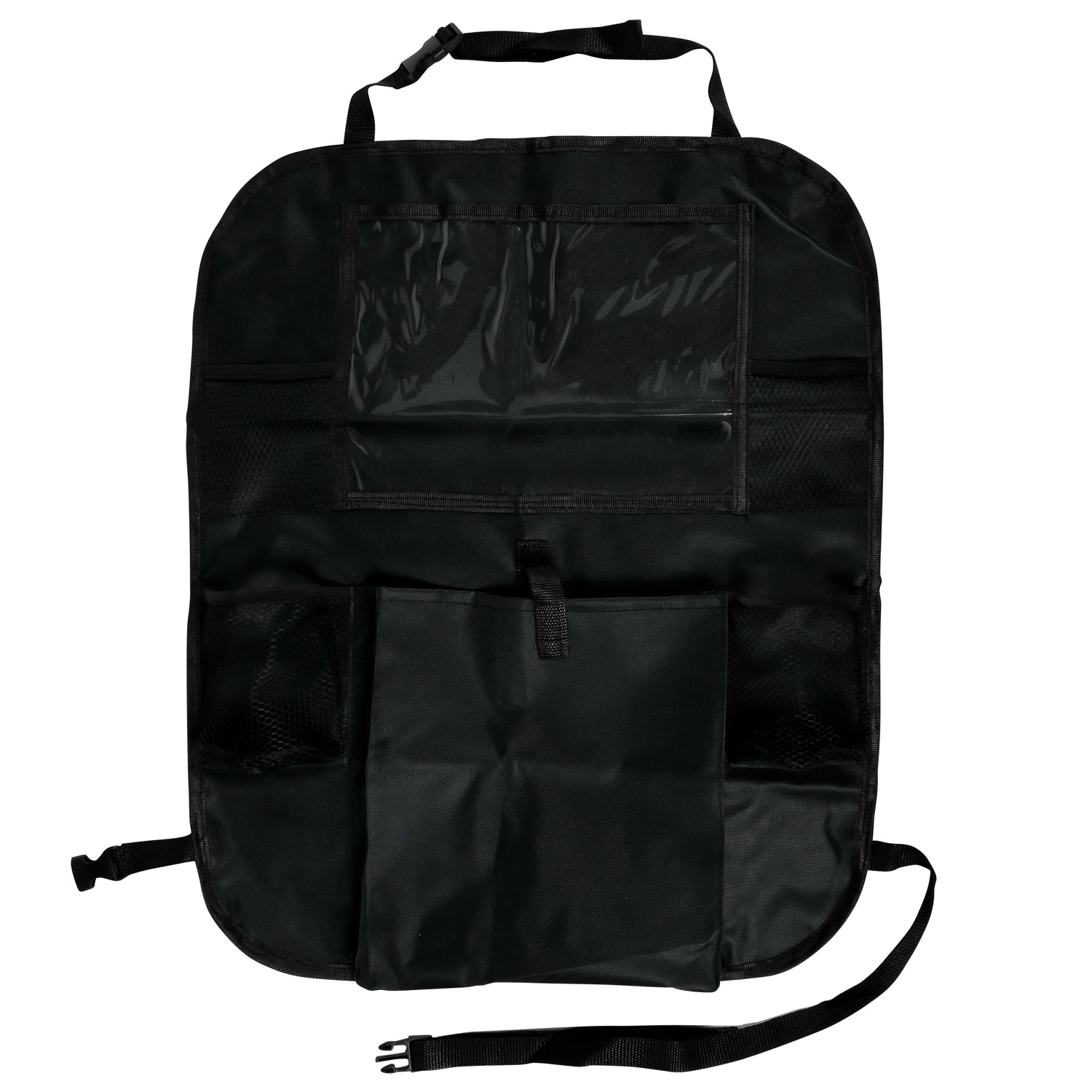 Schwarzer Autositz-Organizer mit mehreren Fächern, darunter ein transparentes Tablet-Fach, Netztaschen und größere Staufächer, auf weißem Hintergrund dargestellt.