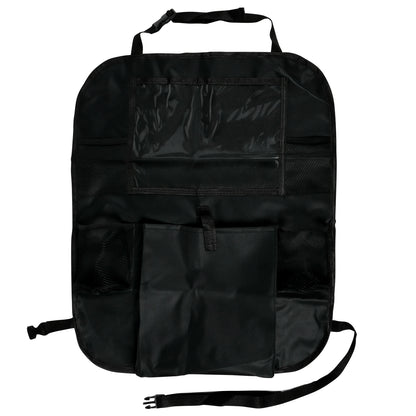 Schwarzer Autositz-Organizer mit mehreren Fächern, darunter ein transparentes Tablet-Fach, Netztaschen und größere Staufächer, auf weißem Hintergrund dargestellt.