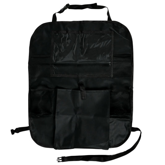 Schwarzer Autositz-Organizer mit mehreren Fächern, darunter ein transparentes Tablet-Fach, Netztaschen und größere Staufächer, auf weißem Hintergrund dargestellt.