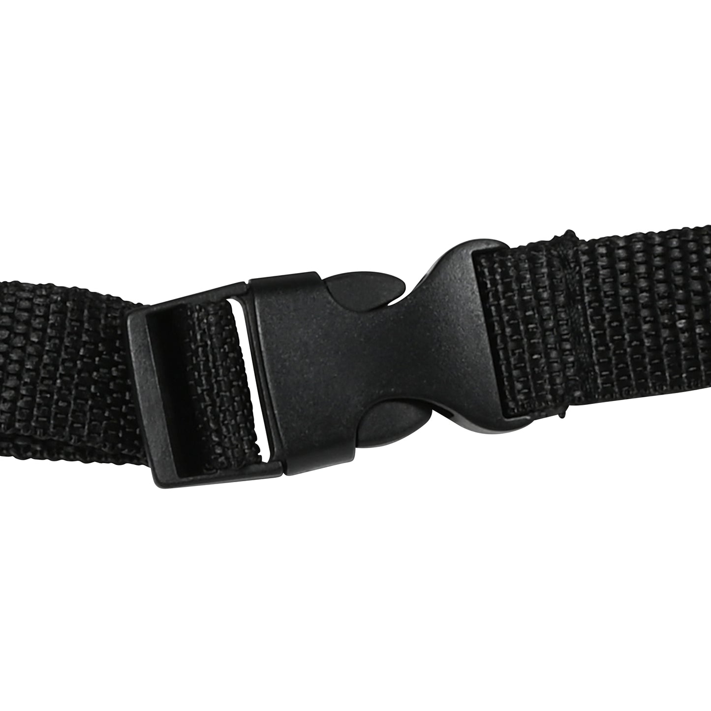 Nahaufnahme einer schwarzen Kunststoffschnalle mit verstellbarem Gurtband zum Befestigen des Autositz-Organizers.