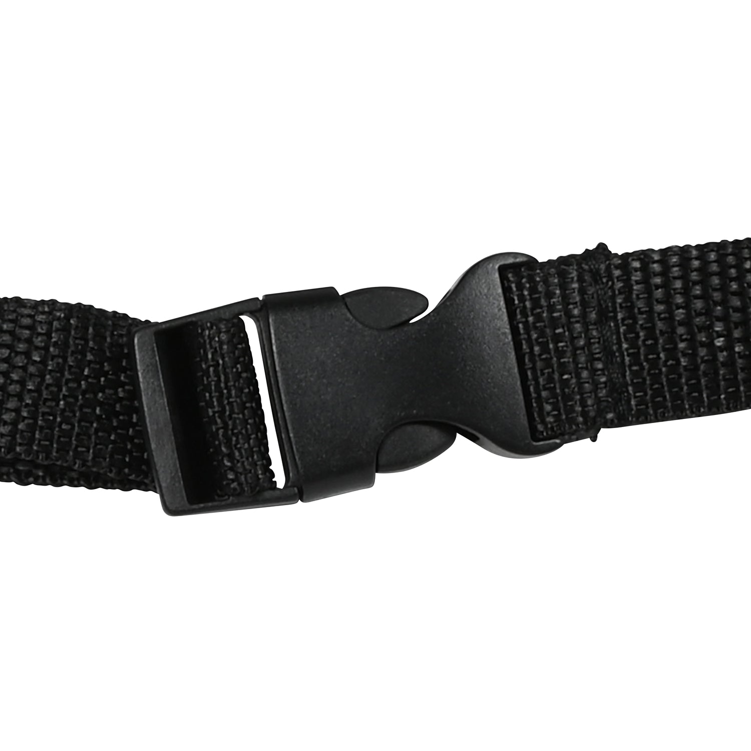 Nahaufnahme einer schwarzen Kunststoffschnalle mit verstellbarem Gurtband zum Befestigen des Autositz-Organizers.