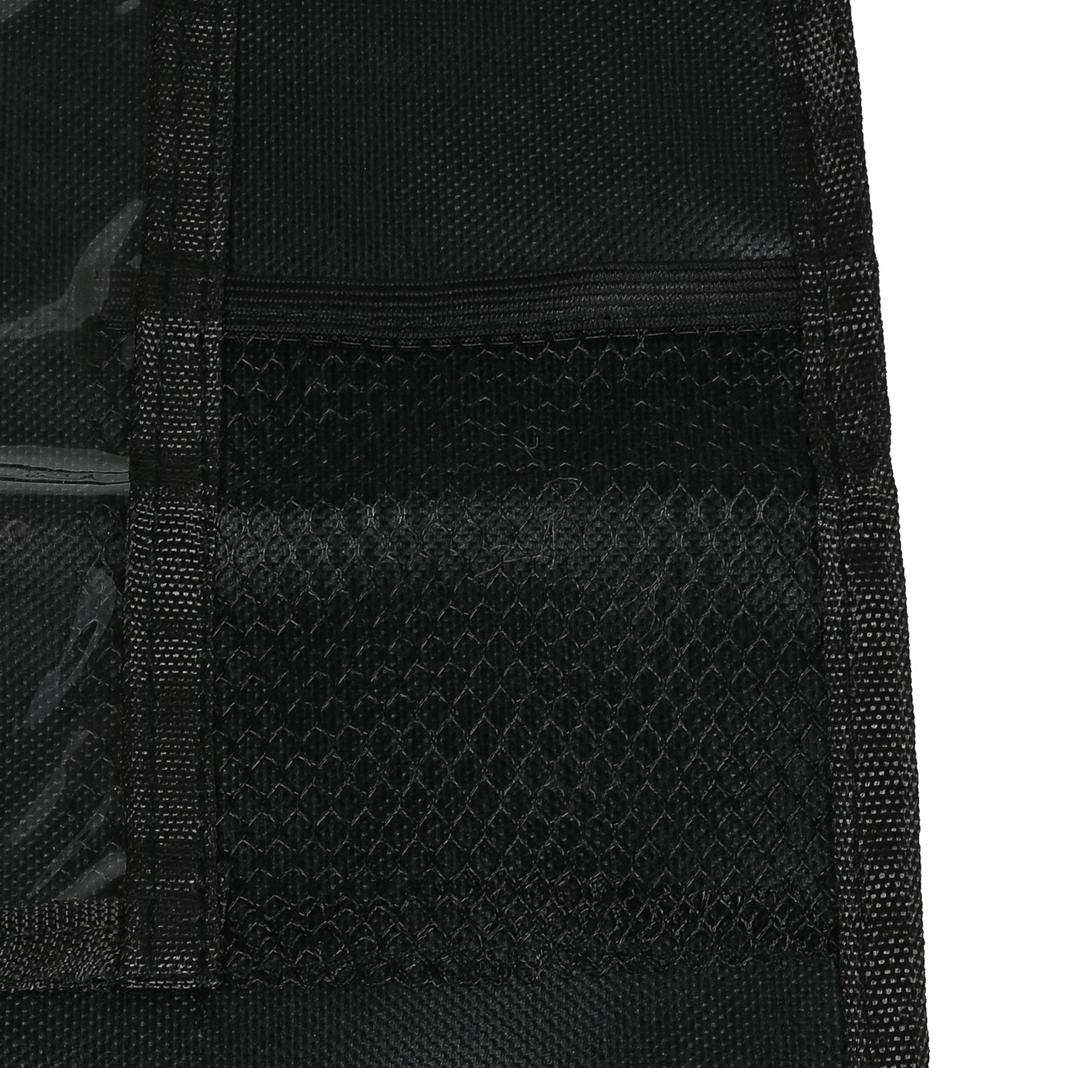 Detailansicht der Netztaschen des schwarzen Autositz-Organizers mit feinem Gittermuster und sichtbaren Nähten.