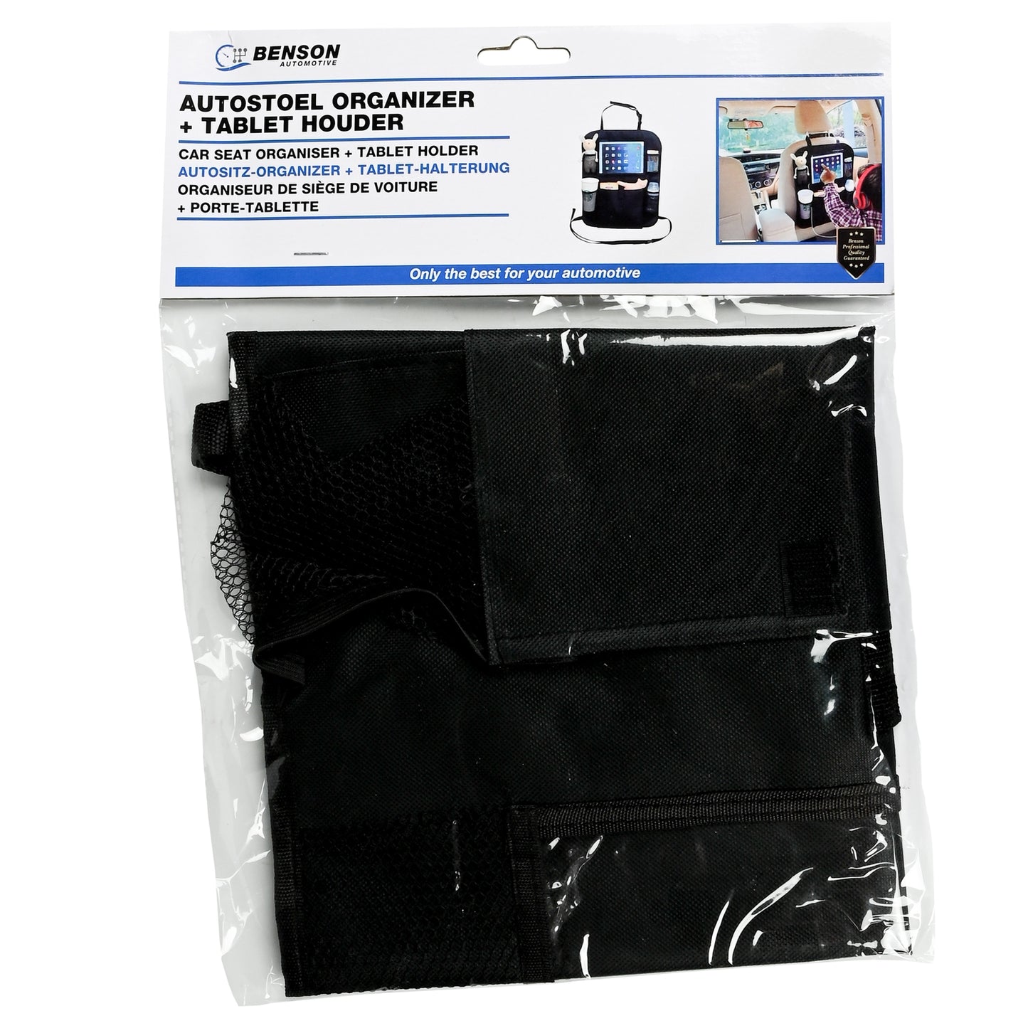 Verpackung des schwarzen Autositz-Organizers mit Tablet-Halterung in transparenter Folie. Oberhalb befindet sich ein weiß-blauer Aufdruck mit Produktbezeichnung und Anwendungsfoto.