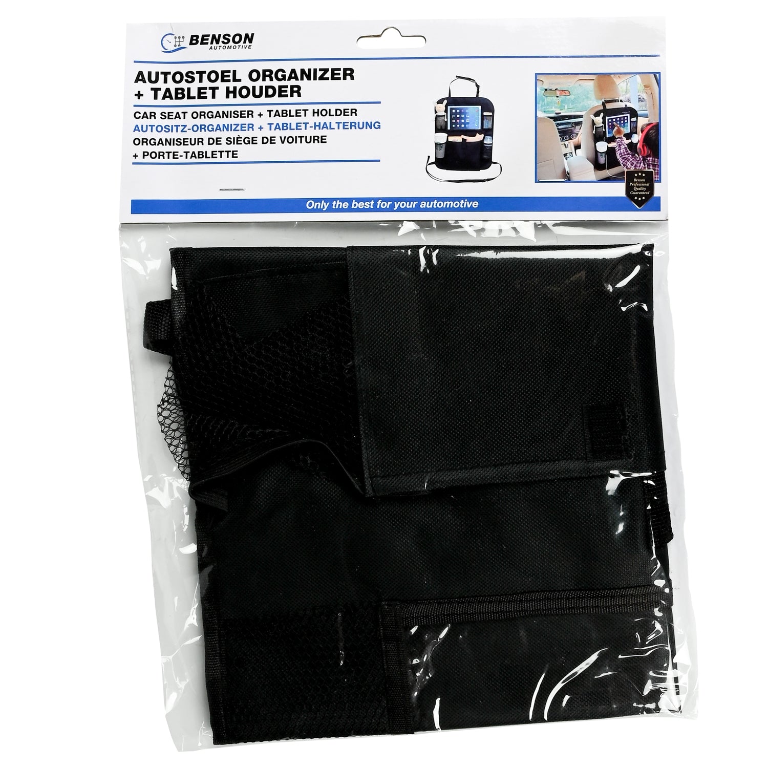 Verpackung des schwarzen Autositz-Organizers mit Tablet-Halterung in transparenter Folie. Oberhalb befindet sich ein weiß-blauer Aufdruck mit Produktbezeichnung und Anwendungsfoto.