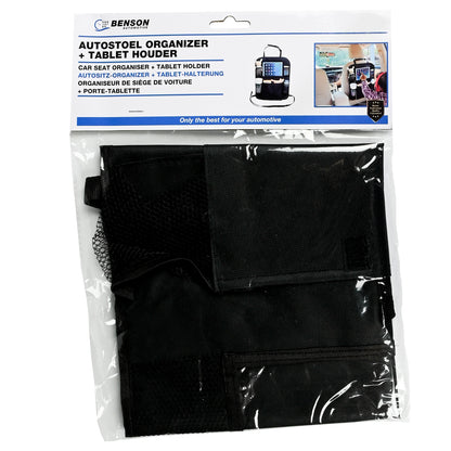 Verpackung des schwarzen Autositz-Organizers mit Tablet-Halterung in transparenter Folie. Oberhalb befindet sich ein weiß-blauer Aufdruck mit Produktbezeichnung und Anwendungsfoto.