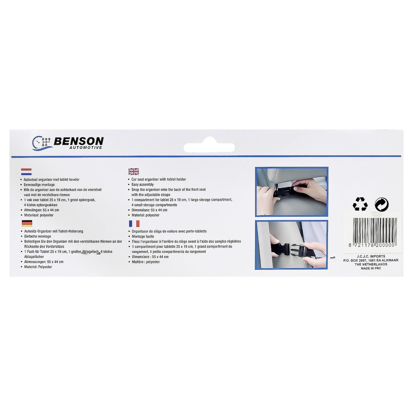 Rückseite der Verpackung des Autositz-Organizers mit Produktbeschreibung in mehreren Sprachen, technischen Angaben, zwei Anwendungsfotos und Barcode unten rechts.