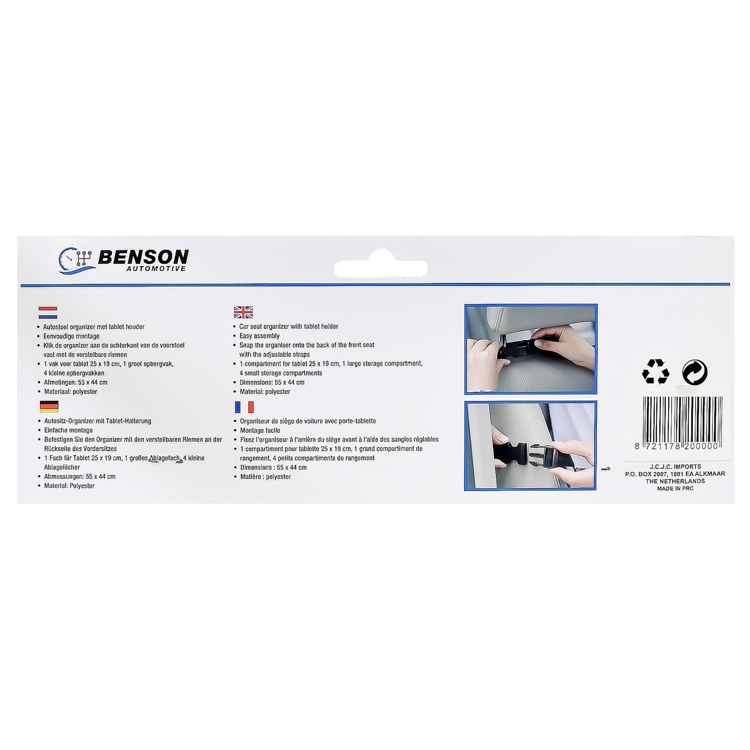 Rückseite der Verpackung des Autositz-Organizers mit Produktbeschreibung in mehreren Sprachen, technischen Angaben, zwei Anwendungsfotos und Barcode unten rechts.