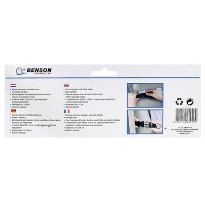 Rückseite der Verpackung des Autositz-Organizers mit Produktbeschreibung in mehreren Sprachen, technischen Angaben, zwei Anwendungsfotos und Barcode unten rechts.