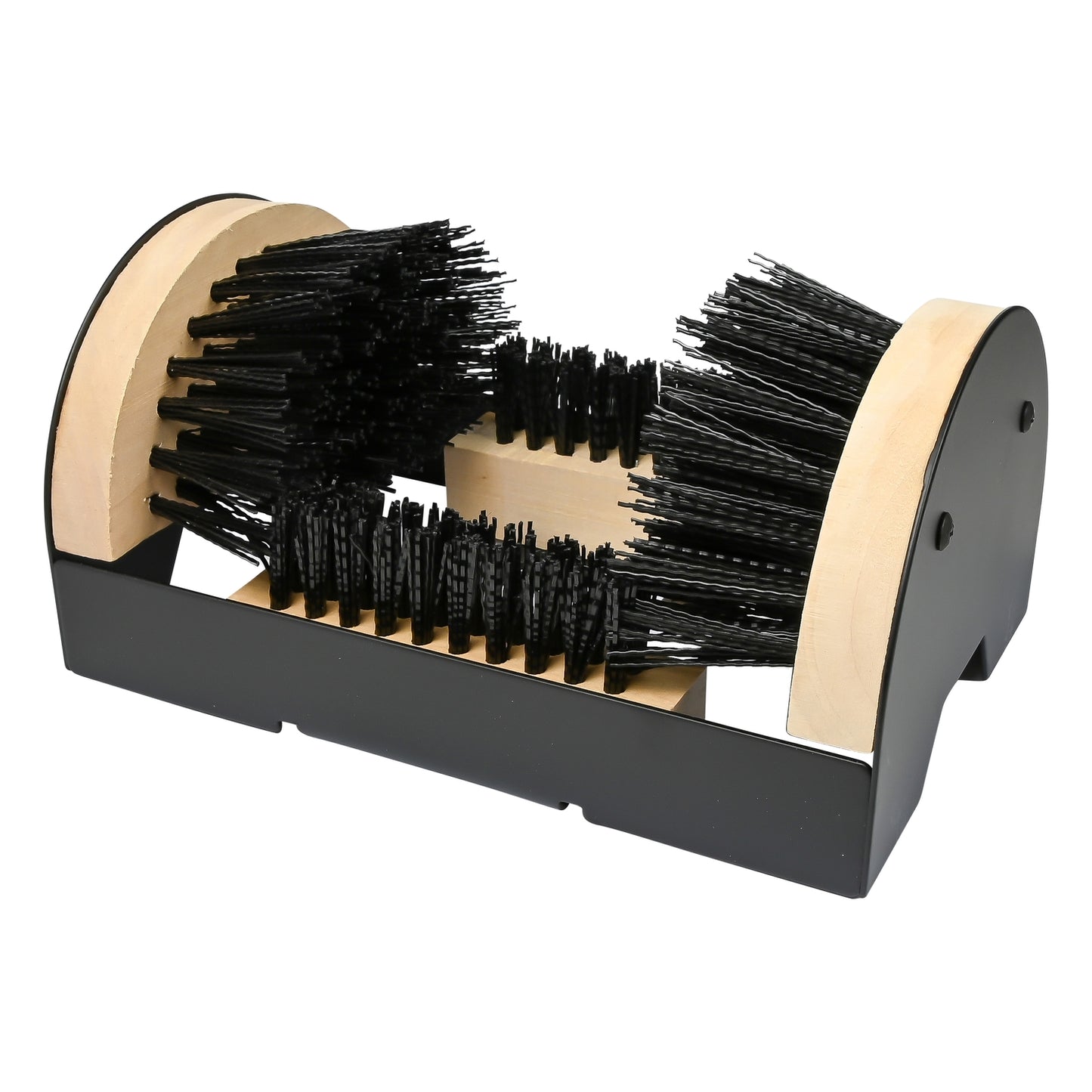 Schuhabstreifer aus Holz mit drei schwarzen Bürstenreihen und seitlich gebogenen Holzplatten. Die Bürsten sind nach innen gerichtet und in einem schwarzen Metallrahmen befestigt.